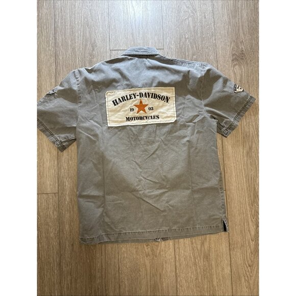 Mens Harley Davidson Gray Embroidered Patched Military Top Gun Button Shirt L - Picture 1 of 12